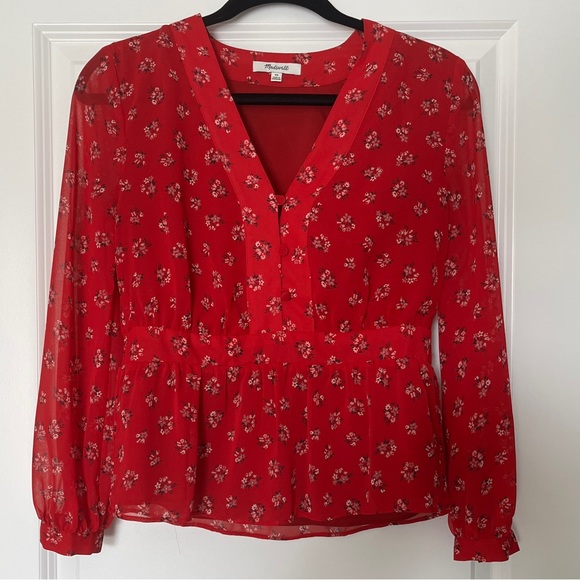 MADEWELL Small Floral Half Button V Neck Long Sleeve Peplum Blouse Red - Picture 2 of 5